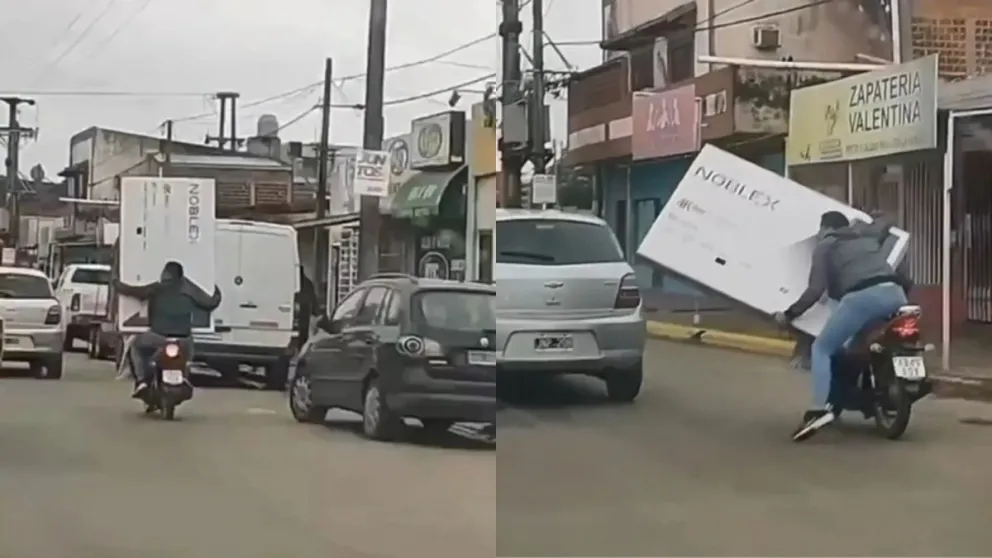 VIDEO: se compró un tele y tuvo la mala idea de llevarlo en moto terminando de la peor forma