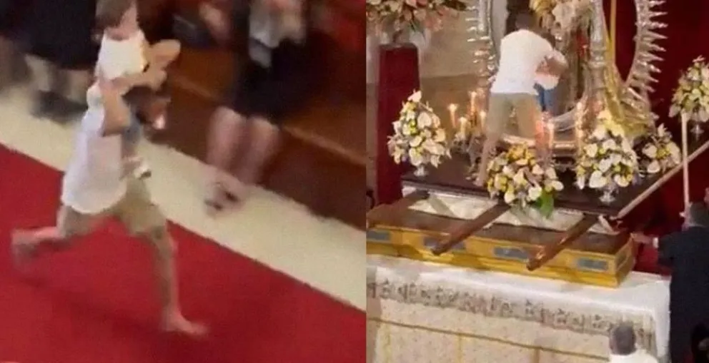 Video: entró corriendo a la iglesia con un niño en brazos y lo dejó en el altar de la Virgen