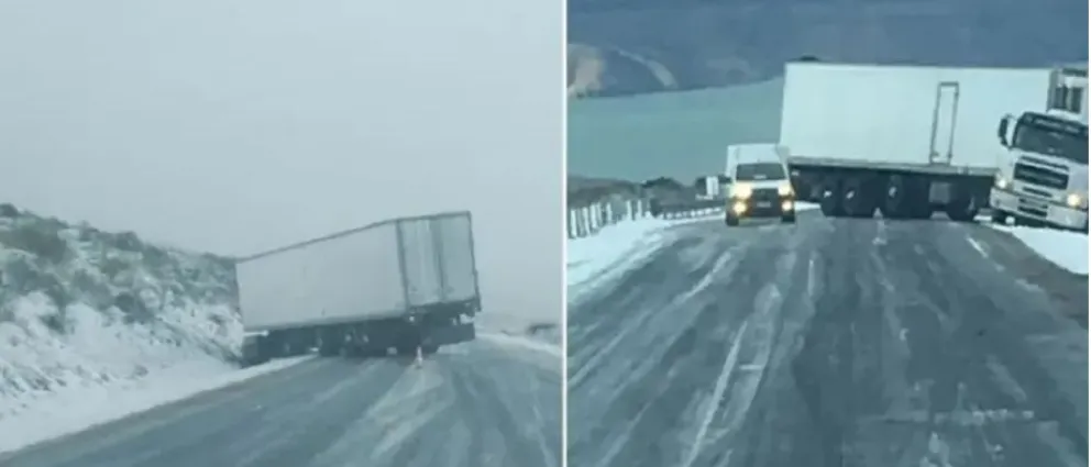 Por el hielo en la calzada, al menos cinco camiones terminaron cruzados en Collón Cura
