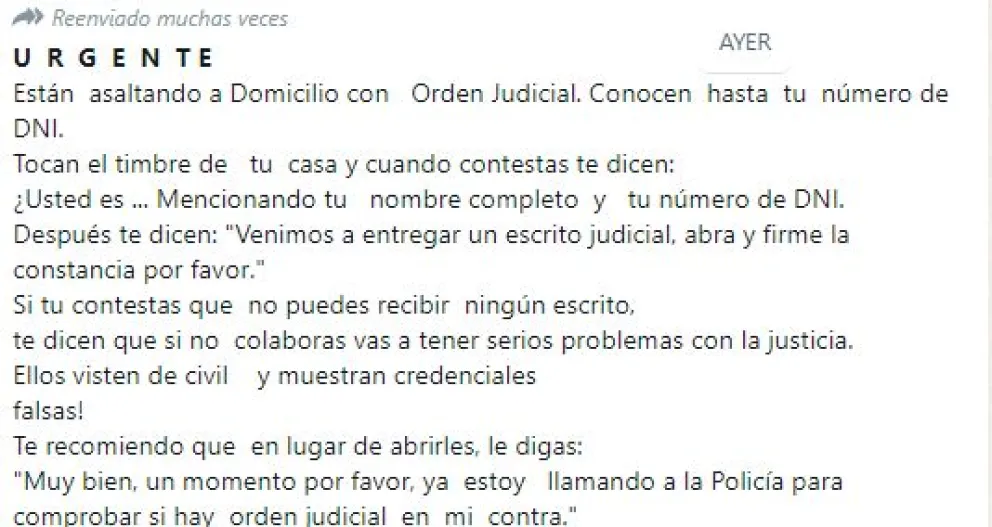 Alertan de falsos mensajes virales sobre robos disfrazados de operativos judiciales 
