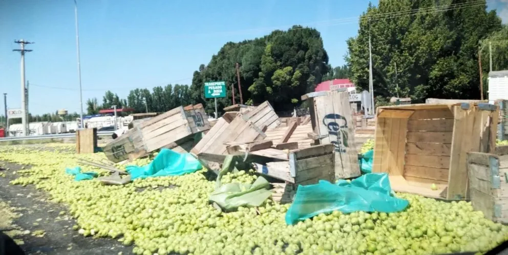Así fue el vuelco del camión cargado de peras en la rotonda de Ruta 151