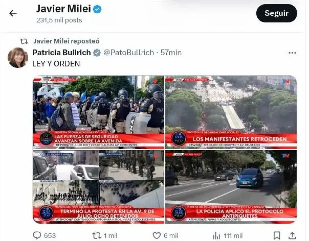Represión en la 9 de Julio: Milei, Bullrich y Macri celebraron el accionar de la Policía 