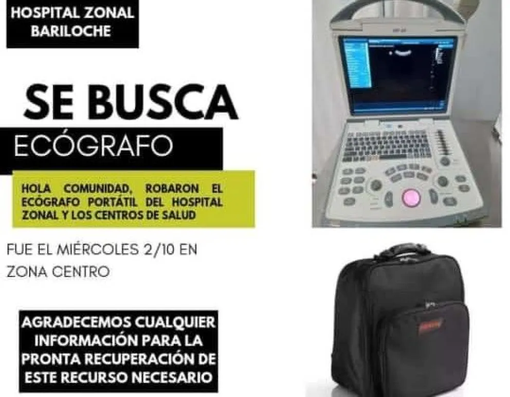 Buscan un ecógrafo móvil del Hospital Zonal que delincuentes sustrajeron del baúl de un auto