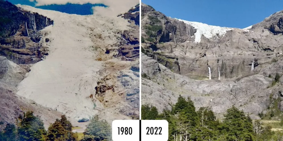 El glaciar Frías visto desde el sendero Paso de las Nubes. El retroceso en 22 años es muy ostensible. Gentileza Toncek Arko.