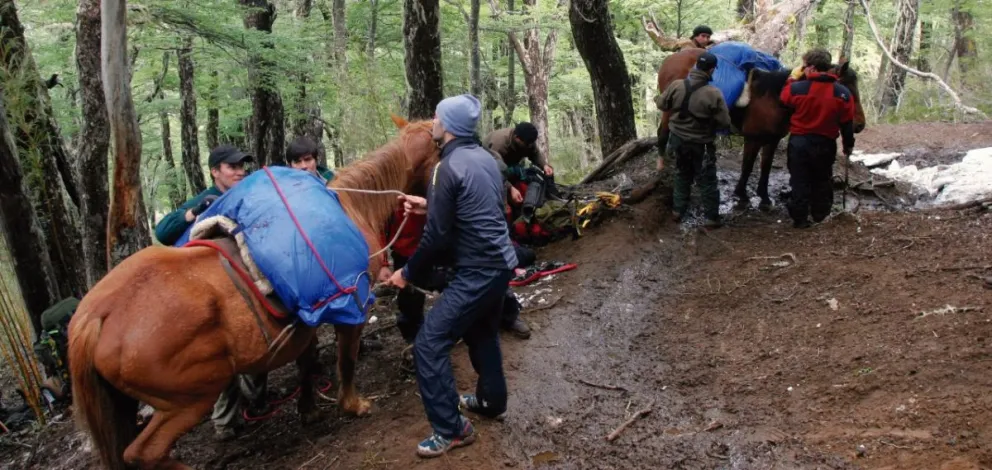 Traslado de víctimas fatales a caballo desde la nieve hasta Pampa Linda. Foto, gentileza Toncek Arko.