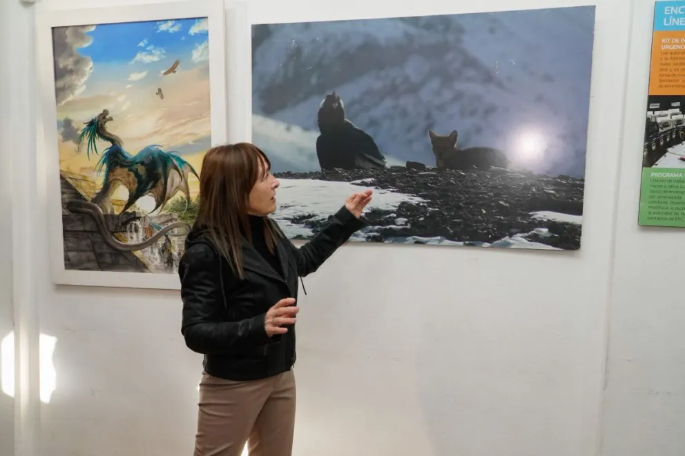 Silvia Peralta muestra una de las imágenes que conforman la muestra del Programa de Conservación Cóndor Andino, declara de interés municipal y cultural (fotos: Facundo Pardo).