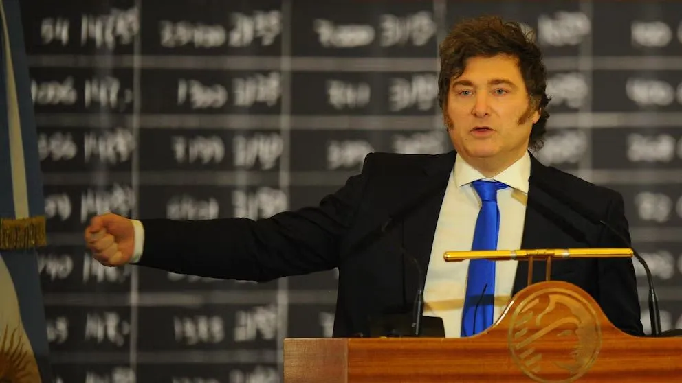 El presidente Javier Milei en un acto en la Bolsa de Comercio.