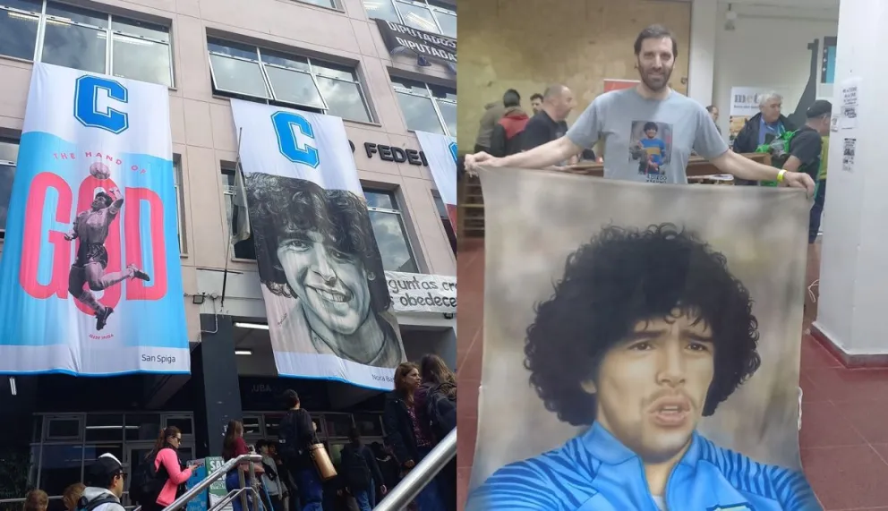 A la derecha, Piccini con una gigantografía de Maradona (imágenes gentileza).