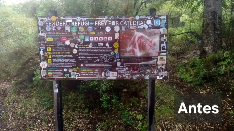 Inentendible, así se encuentra la cartelería para acceder al Refugio Frey. Foto: Parque Nacional Nahuel Huapi.