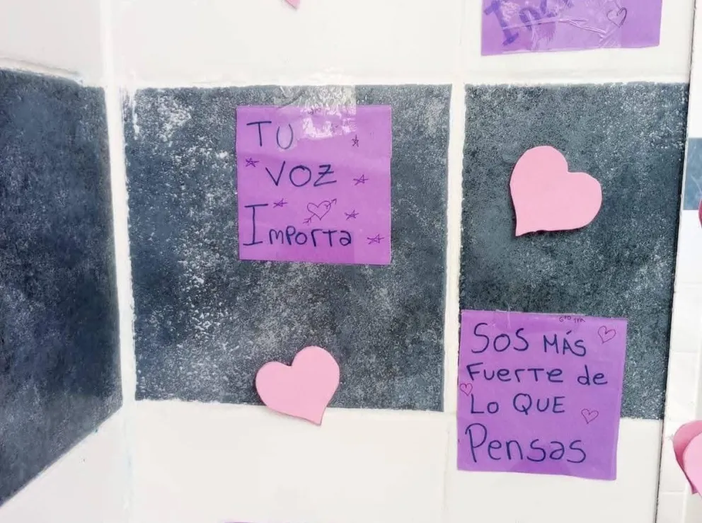 Mensajes positivos en los baños de una escuela de Jacobacci. Fotos Canal 10.