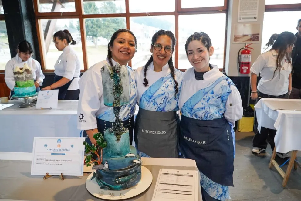 Un refugio, una cascada, la nieve, un arrayán y un río que llega al mar, todo esto en una de las tortas del concurso en el Puerto. Fotos: Facundo Pardo. 