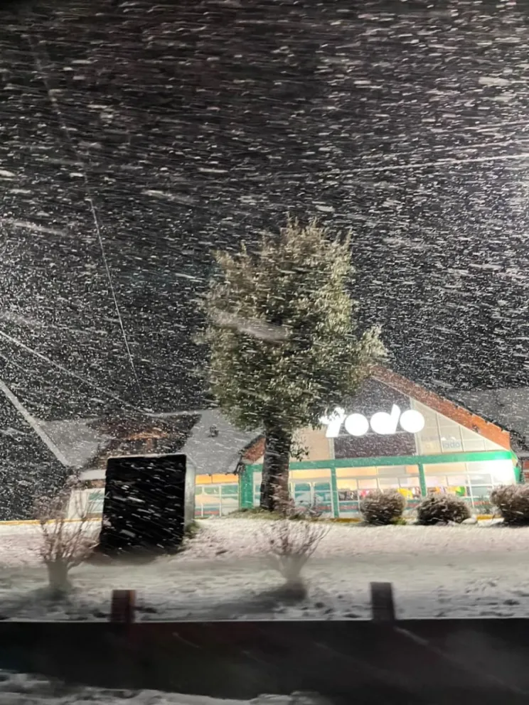 Así está nevando en la zona de ingreso a Villa Los Coihues. 