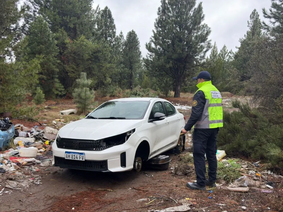 Encontraron un auto que había sido robado en el aeropuerto sin las ruedas y abandonado en el bosque. 