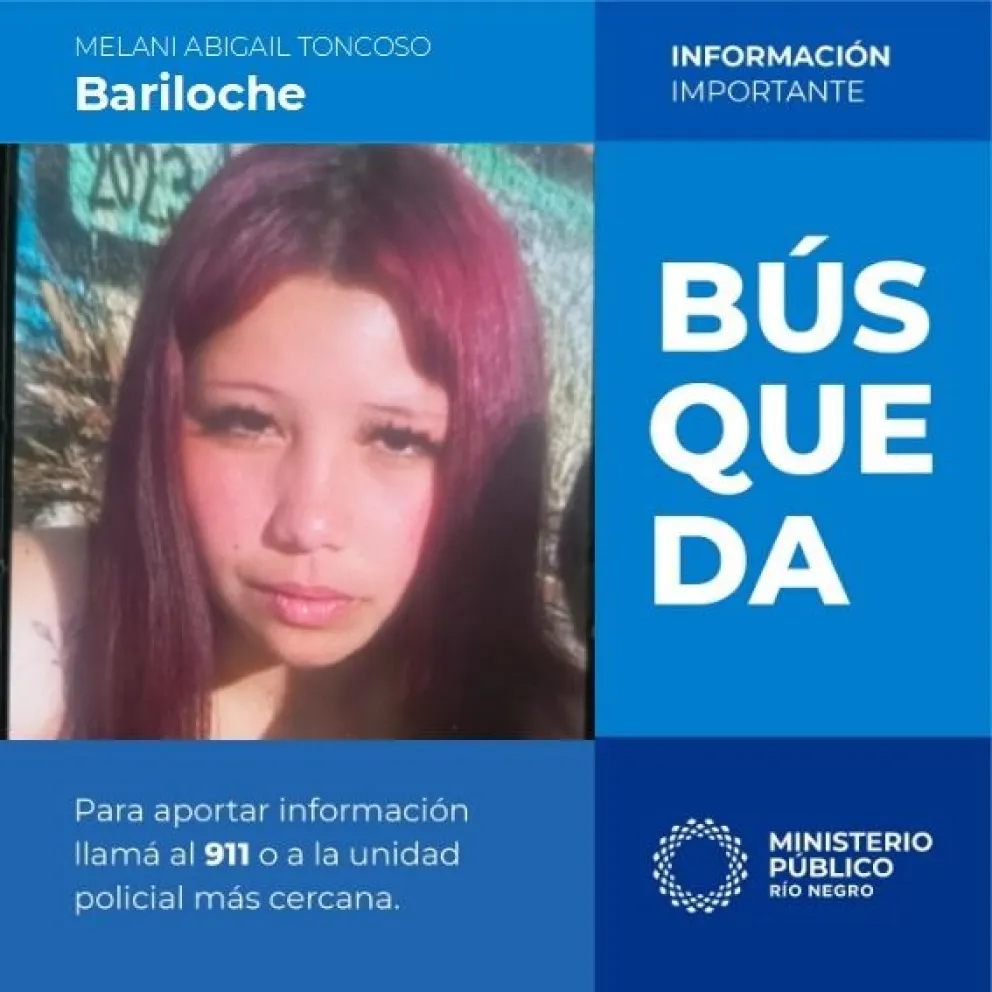 Para brindar información, comunicarse de inmediato al 911 RN Emergencias, a la Fiscalía  al 0294 4934681 o a la comisaría más cercana.