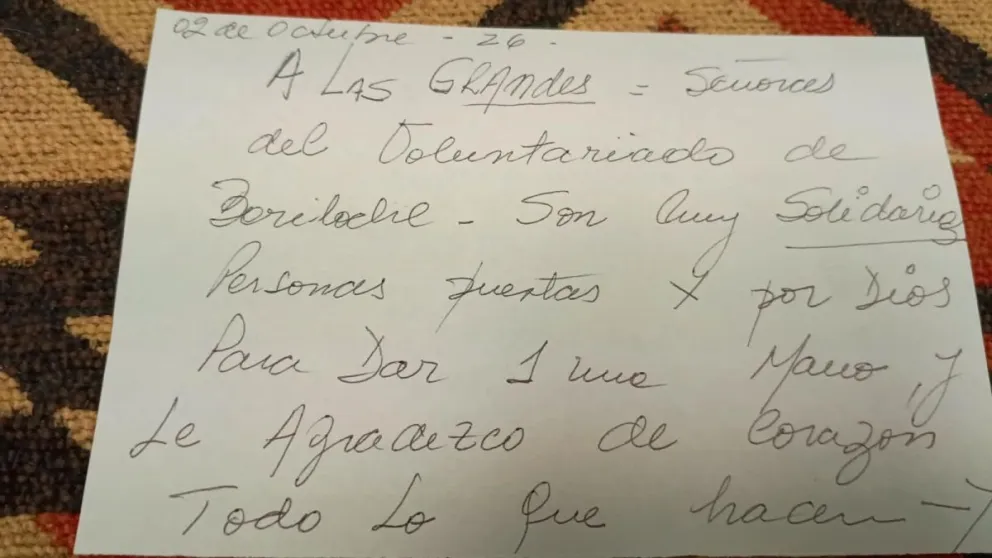 Una parte de la carta de agradecimiento que entregaron al voluntariado. 