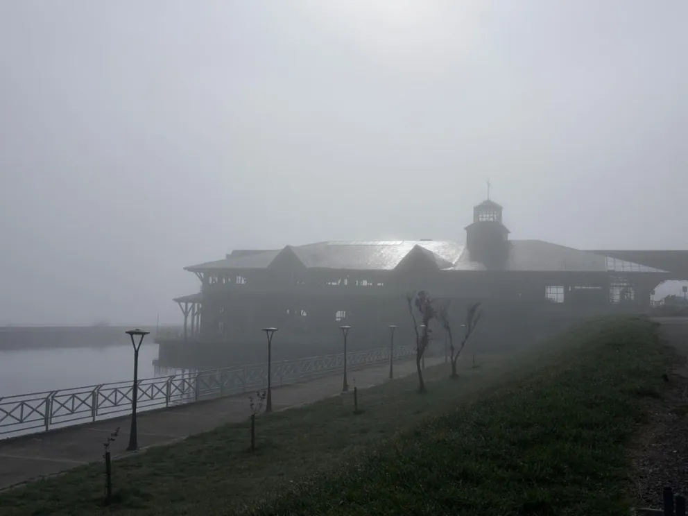 Así está el puerto San Carlos, bajo neblina. Foto: Euge Neme